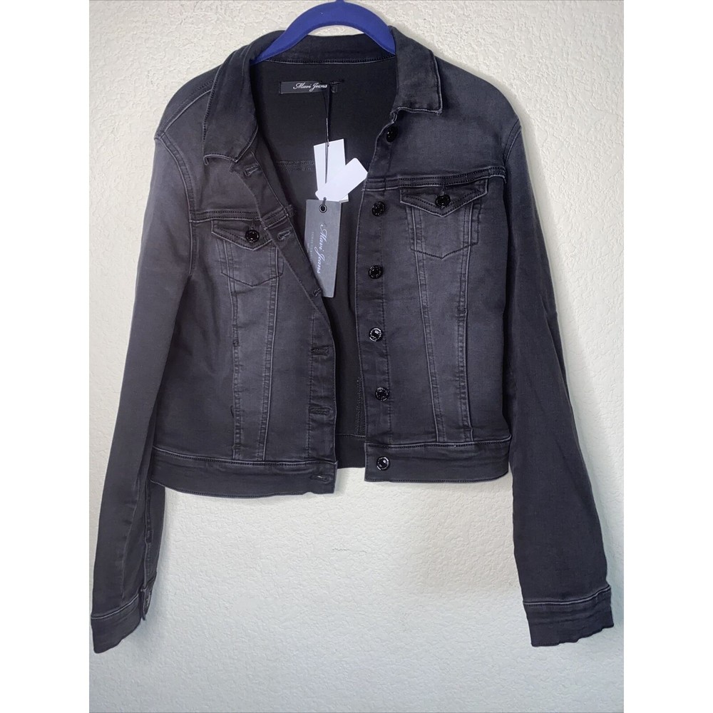 Mavi Women Distressed Button Front Denim Jean Jacket Black New Crop Stretchy M